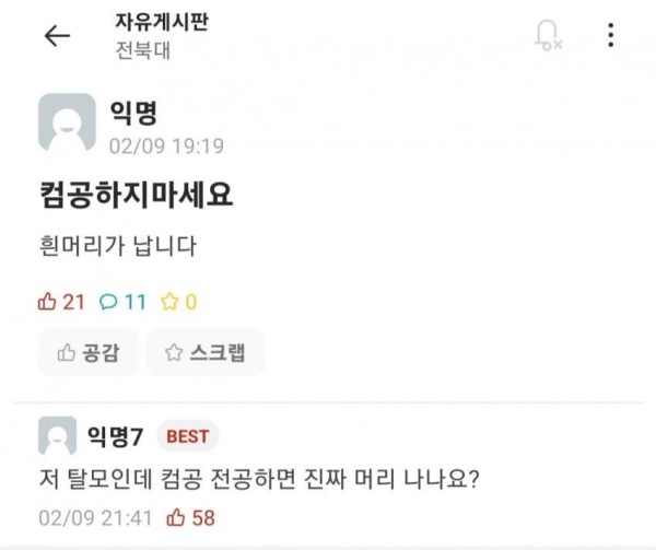 자유게시판에 올라온 탈모인의 고민상담