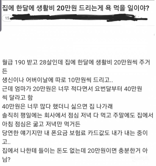 생활비 20만원드리는게 많다고 생각하는 28살 직장인